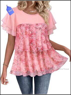 Breathable Mesh Tunic Top with Ruffle Sleeves, Loose Fit Babydoll Blouse